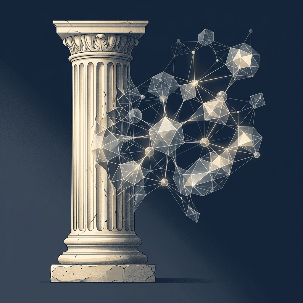 Classical column connected to a glowing geometric network of nodes