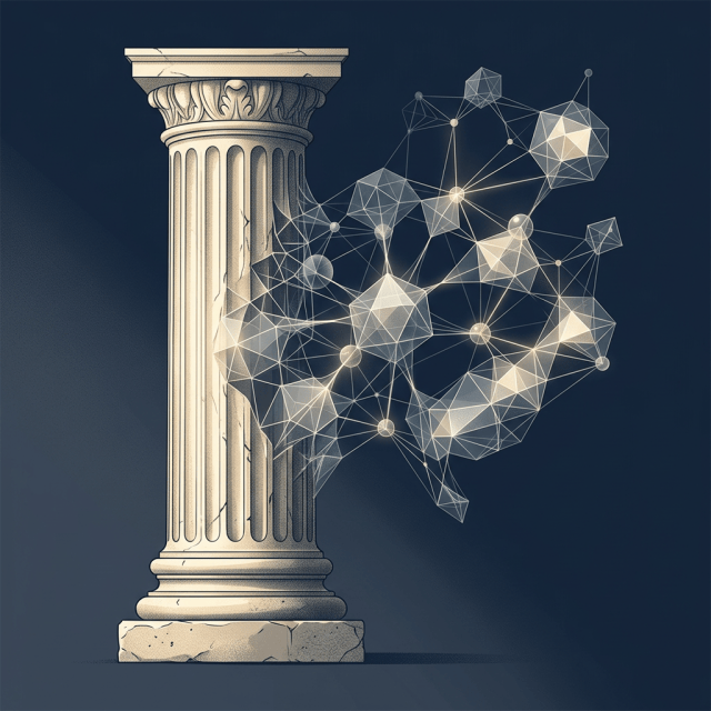 Classical column connected to a glowing geometric network of nodes